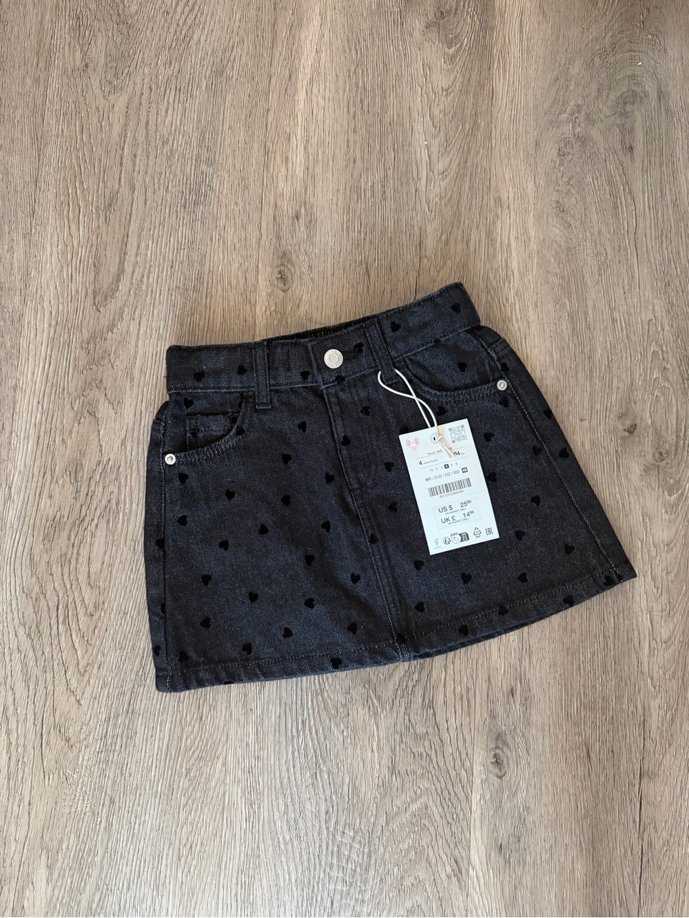 Zara Black Denim Skirt with Tiny Heart Print